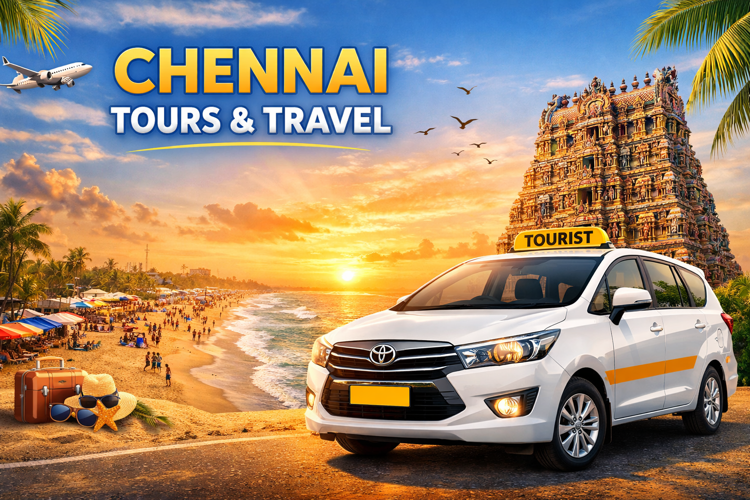 Chennai tours and travel taxi service near Marina Beach and Kapaleeshwarar Temple